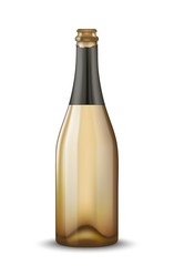 Vector Realistic gold with black open Champagne bottle isolated on white background. Mockup template blank for product packing advertisement.