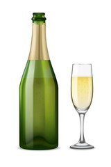 Vector Realistic green with gold open Champagne bottle and glasses with sparkling white wine isolated on white background.