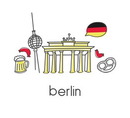 Modern vector illustration Berlin with hand drawn doodle german symbols: Brandenburg gate, television tower, beer, sausage, bagel Simple minimalistic design with black outline doodle isolated on white © Natalia