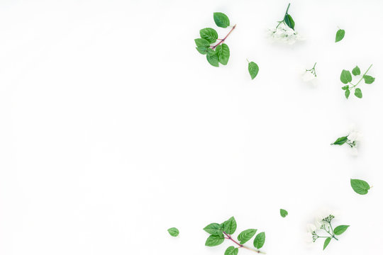 White Flowers, Green Leaves On White Background, Flat Lay, Top View