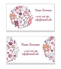 Set of business card templates Hand made toys. Cute doodles of sewing and craft supplies in brown, orange and pink colors in circle concept on white background.