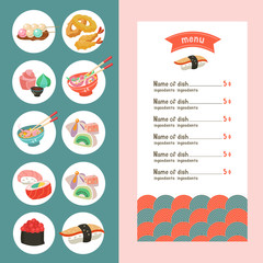 Japanese cuisine. A set of templates of the menu of a Japanese restaurant. traditional Japanese dish. Vector illustration.