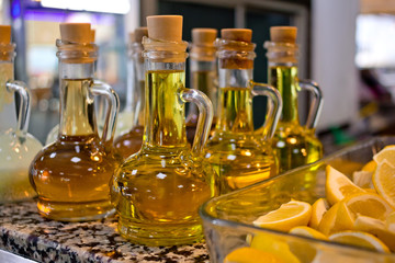 Bottles of oil are in the Turkish restaurant