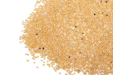 Fototapeta na wymiar Yellow mustard seeds isolated on white background, top view
