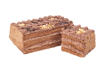 Sweet chocolate cake with nuts isolated on white background