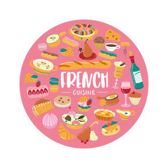 The French cuisine. Set of cliparts. Traditional French cuisine, pastries, wine, bread. Vector illustration of a round shape.