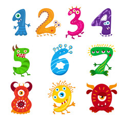 Funny cartoon numbers monster set. Collection isolated fantasy numerals for kids learning counting or mathematics. Cartoon monsters for children