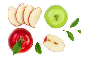 red and green apples with slices and leaves isolated on white background top view. Set or collection. Flat lay pattern