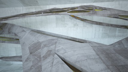 Abstract white and concrete interior  with glossy green lines. 3D illustration and rendering.