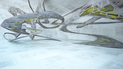 Abstract white and concrete interior  with glossy green lines. 3D illustration and rendering.