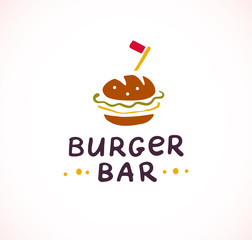 Vector burger bar logo design isolated on white background. Fast food icon hand drawn - burger symbol. Good for cafe, fast food service insignia, banner, advertising.