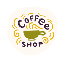 Vector flat hand drawn coffee logo template with coffee beverage cup isolated on white background. Hot coffee to go emblem, label design sample. Perfect for cafe, shop, store insignia, banner, etc.