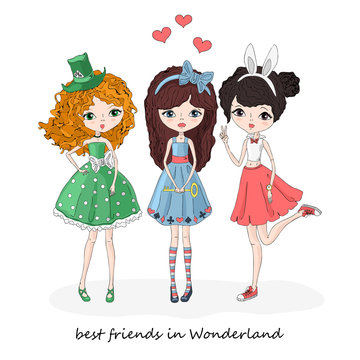 Three friends in Wonderland. Girl in costume of Alice wonderland, girl in costume of mad Hatter and girl in  costume of white rabbit