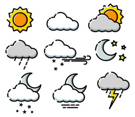 Weather, forecast icon set. Simple flat symbols, outlined icons.