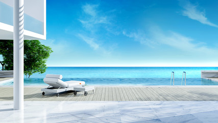 Fototapeta na wymiar Relaxing summer,,beach lounge, sun loungers on Sunbathing deck and private swimming pool with near beach and panoramic sea view at luxury house /3d rendering