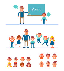 Smart teacher in glasses near a blackboard with a schoolboy. Pupils have fun with their teacher. Teacher and children constructor with different faces. Cartoon style,  flat vector illustration.