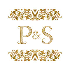 P and S vintage initials logo symbol. The letters are surrounded by ornamental elements. Wedding or business partners monogram in royal style.