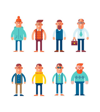 Big set of characters in flat style. Man and guy in different clothes. Cartoon style, vector illustration.t