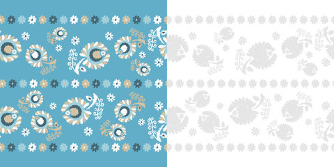 Set of 2 Seamless floral pattern. Flowers background. Embroidery on fabric. Scribble texture. Textile rapport.