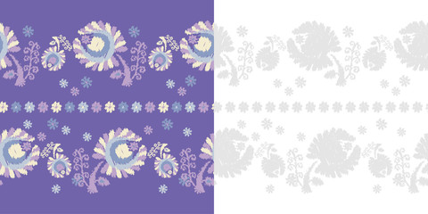 Set of 2 Seamless floral pattern. Flowers background. Embroidery on fabric. Scribble texture. Textile rapport.