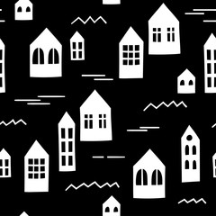 Black and white seamless pattern with primitive houses. Vector template suitable for wrapping paper, wallpaper, textiles and bedding.