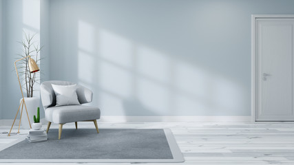 Scandinavian interior of living room concept, light gray sofa with gold lamp on white flooring and blue wall,3d rendering - obrazy, fototapety, plakaty