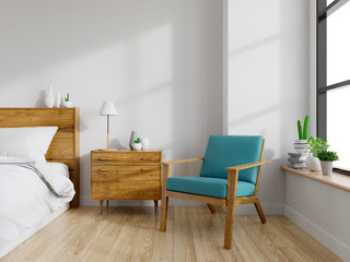 Modern mid Century and vintage interior of bedroom ,blue lounge chair with wood  bedside table and white bed  on white wall and wood floor  in front of a window ,empty room ,3d rendering