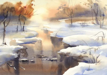 Poster winterlandschap met een rivier aquarel © Egle