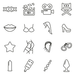 Adult Movie Set or Adult Movie Industry Icons Thin Line Vector Illustration Set