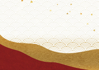 和風の華やかな背景　赤と金　青海波　金箔散らし　グラフィック素材