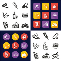 Addiction All in One Icons Black & White Color Flat Design Freehand Set