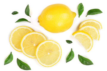 lemon and slices with leaf isolated on white background. Flat lay, top view