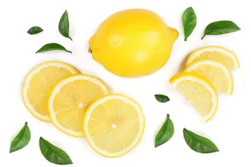 Foto op Plexiglas lemon and slices with leaf isolated on white background. Flat lay, top view © kolesnikovserg