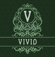 Vintage label design template for vivid product. Vector monogram with text on patterned background.