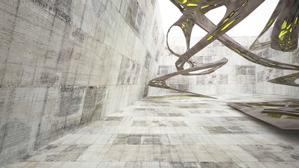 Abstract white and concrete interior  with glossy green lines. 3D illustration and rendering.