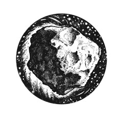 Hand drawn meteorite on a night sky. Nice circle emblem with an asteroid. Space theme, good idea for the tattoo, printing on a t-shirt, or other design.