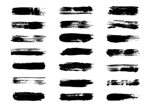 Vector brush paint, ink black stroke, paintbrush, line, grunge texture. Dirty artistic design box set, elements, splashes, shapes or background for text. Hand drawn banner and frame collection.