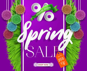 Spring sale background with beautiful colorful flower. Vector illustration. Wallpaper. flyers, posters, brochure, voucher discount. Spring sale banner with paper flowers for online shopping.