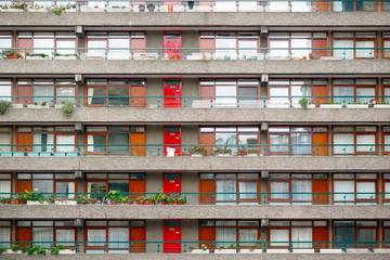 Facade of a housing block at Barbican estate in London