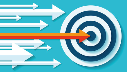 Volume Target icon in flat style on color background. Orange Arrow in the center aim. Vector design element for you business projects