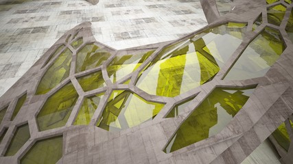 Fototapeta premium Abstract white and concrete interior with glossy green lines. 3D illustration and rendering.