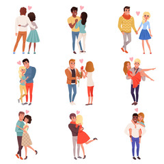 Fototapeta na wymiar Young men and women characters in love hugging set, happy romantic loving couples cartoon vector Illustrations