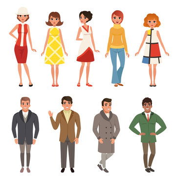 Young men and women wearing retro clothing set, vintage fashion people from 50s and 60s vector Illustrations