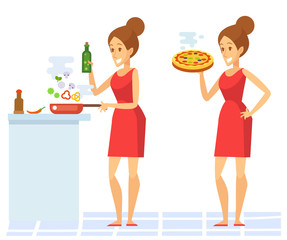 Young Woman Cooking in the kitchen. Prepare Food. Healthy Food. Healthy Lifestyle. Cooking At Home. Vector flat cartoon illustration.