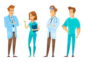 Male and female Doctors  talking to each other. Discussion, exchange of ideas. Team of medical workers on a white background. Hospital. Vector flat cartoon illustration.