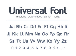 Obraz premium Universal brand name font. Food, drink, organic product packaging, fashion media, medicine full abc alphabet. Letters, numbers for pharmacy, restaurant, business logo design. Modern vector typeface