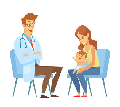 Mother With A Little Child Visiting A Doctor. Pediatrician. The Doctor With Statoscope, Kid Sits In On Her Mother's Lap. Vector Illustration In A Flat Style. 