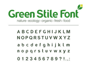 Universal brand name font. Food, drink, organic, environment, nature, green energy, bio medicine abc alphabet. Letters, numbers for product eco friendly business logo design. Modern vector typeface
