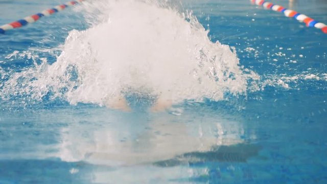 A female swimmer moves with her head in and out of water. 