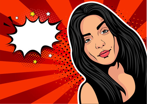 Wow female face. Sexy girl with long hair, open mouth and speech bubble. Vector colorful background in pop art retro comic style. 